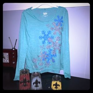 *Justice* Teal snowflake long sleeve shirt